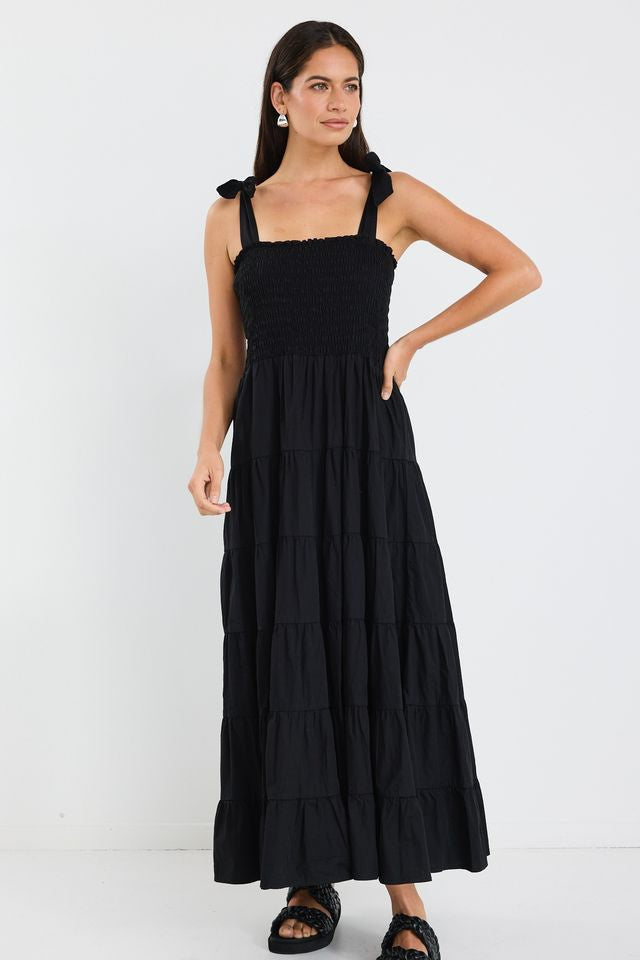 Ivy + Jack Isabella Strappy Tiered Maxi Dress in Black Cotton Poplin | Black Maxi Dress with Stretch Shirred Bodice and Bow Straps | Women's Clothing Australia