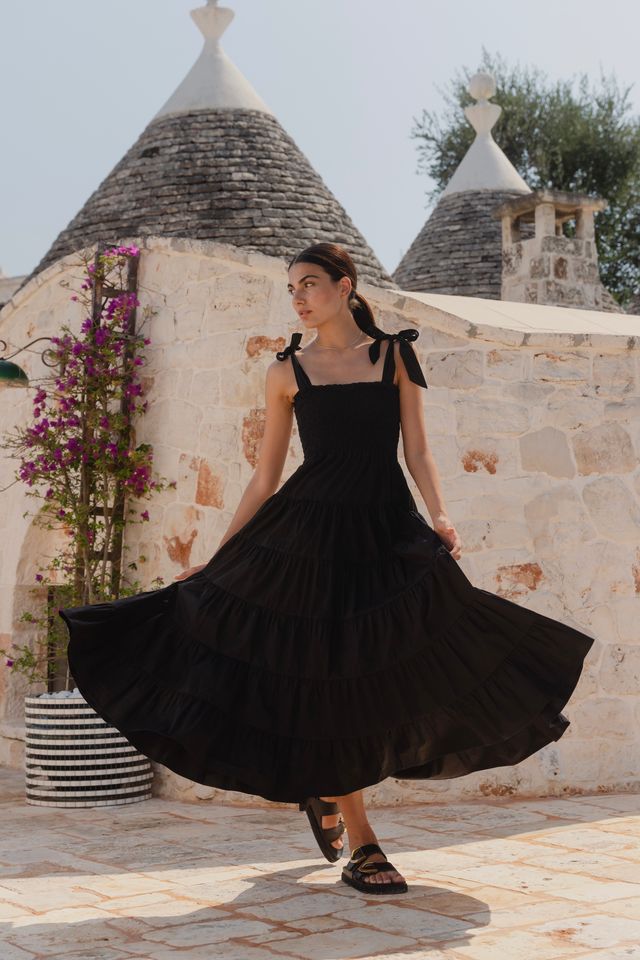 Black Cotton Poplin Sleeveless Flowy Maxi Dress with Tiered Skirt | Ivy + Jack Isabella Strappy Tiered Maxi Dress | Gretel Lane