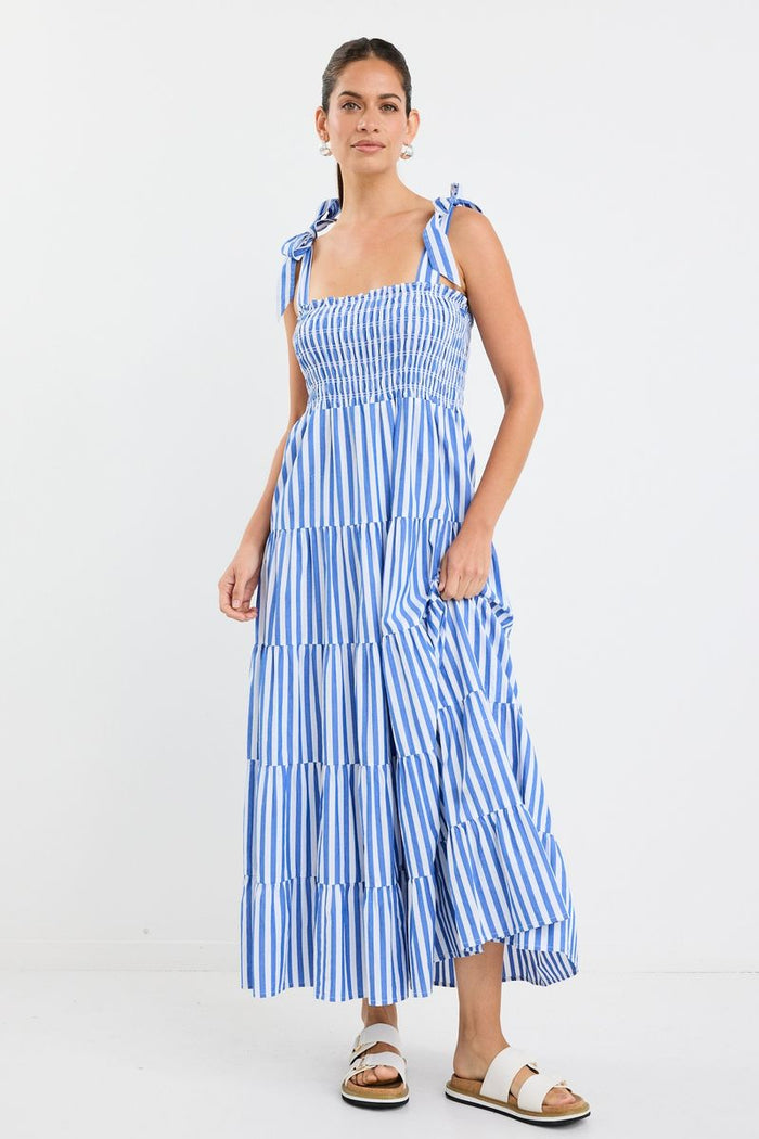 Ivy + Jack Isabella Strappy Tiered Maxi Dress | Bright Blue Stripe 100% Cotton Maxi Dress with Smocked Bodice and Tiered Skirt | Women's Clothing Online Store Australia
