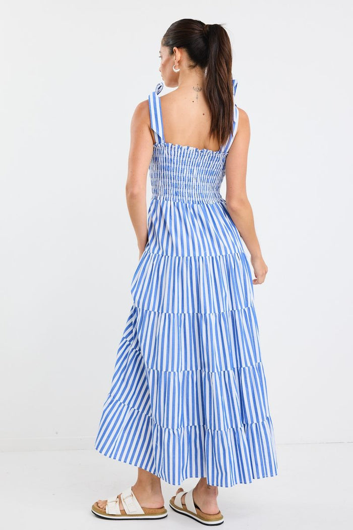 Ivy + Jack Isabella Strappy Tiered Maxi Dress | Blue and White Striped Full Length Dress with Shirred Bodice | Women's Fashion Boutique Australia