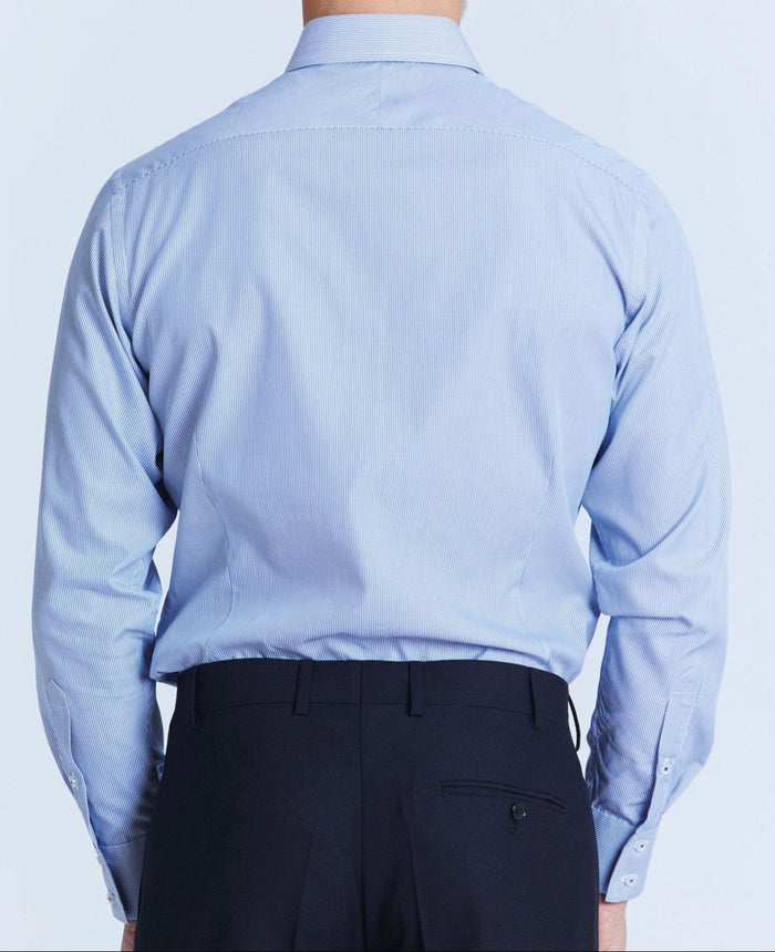 curtis navy fine bengal stripe made to measure shirt model back 1