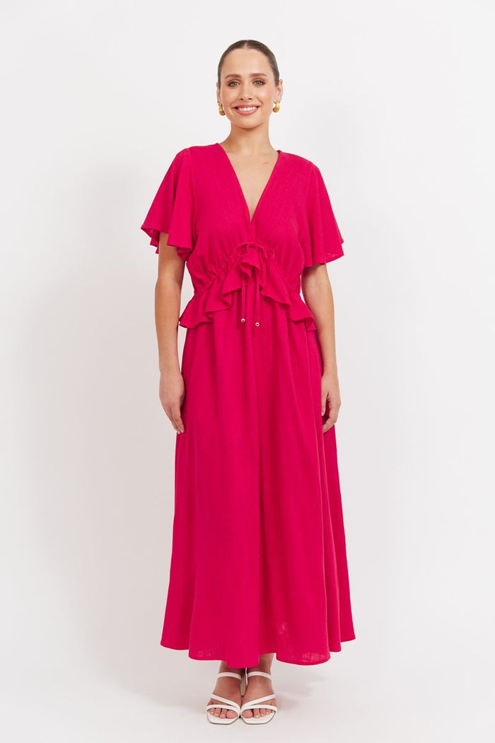 Haven Jardin Frill Maxi Dress in Garnet | Fuchsia Pink Linen Blend V Neck Maxi Dress with Flutter Sleeves and Adjustable Drawstring Waist