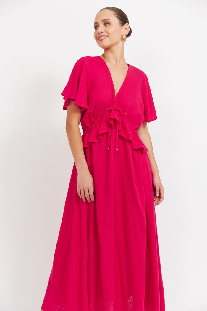 Fuchsia Pink Flutter Sleeve Maxi Dress | Haven Jardin Frill Maxi Dress with V Neckline and Side Pockets | Gretel Lane