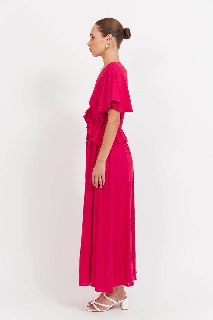 Fuchsia Pink Maxi Dress with Flutter Sleeves | Haven Jardin Frill Maxi Dress | Women's Clothing Store Australia