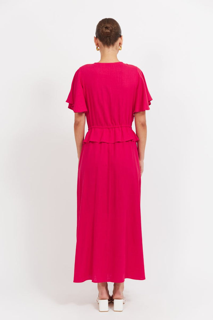 Haven Jardin Frill Maxi Dress | Fuchsia Pink Maxi Dress with V Neckline, Frill Detail and Gathered Hem | Gretel Lane