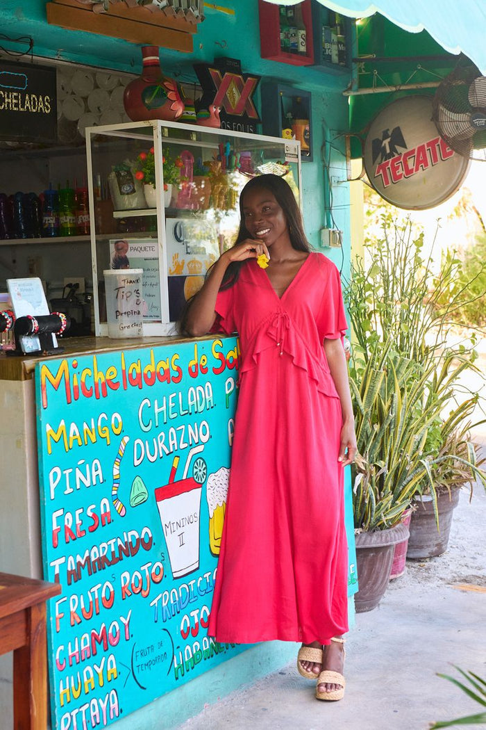 Flutter Sleeve Fuchsia Pink Maxi Dress with Adjustable Drawstring Waist | Haven Jardin Frill Maxi Dress