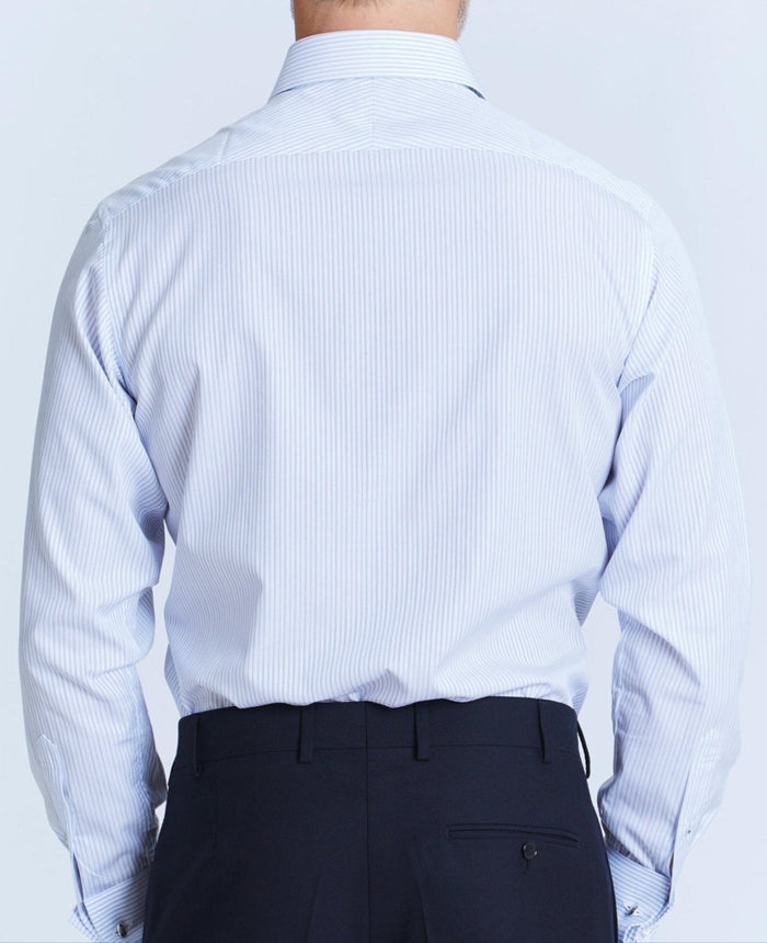 jeffrey blue navy white fine stripe made to measure shirt model back 1