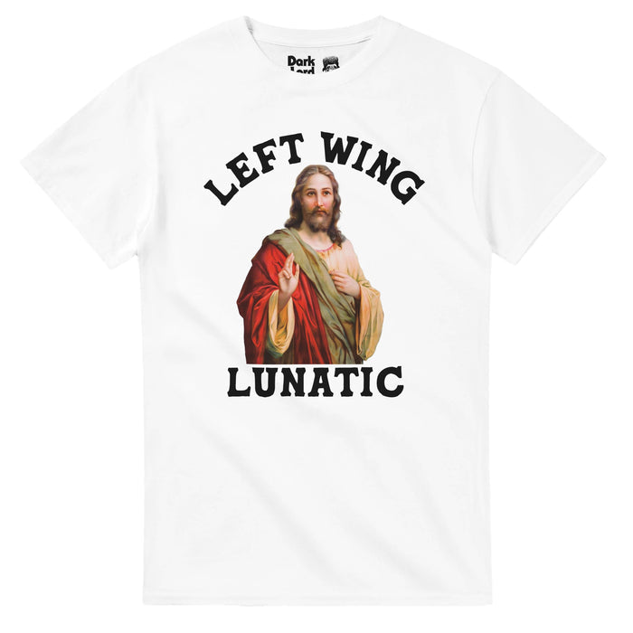 A retro, 70s style souvenir white colored t-shirt that says "Left Wing Lunatic" by an image of Jesus Christ wearing green and red robes, holding up his hand in a welcoming gesture, a pun about Jesus's teachings and practices and as well as a bold political statement.