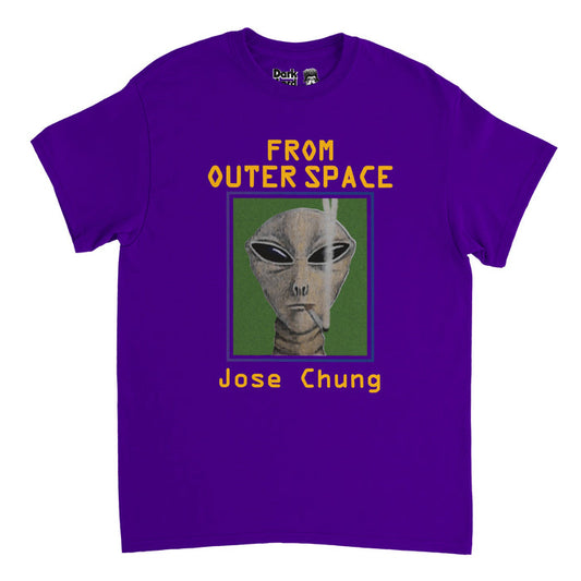 A purple, 80s style souvenir t-shirt with an image of an alien with black eyes smoking a cigarette on a green rectangle shaped background, surrounded by an hombre blue and purple line. The shirt says "From Outer Space Jose Chung" in reference to the episode "Jose Chung's From Outer Space" on the famous sci-fi TV show "The  X-Files".