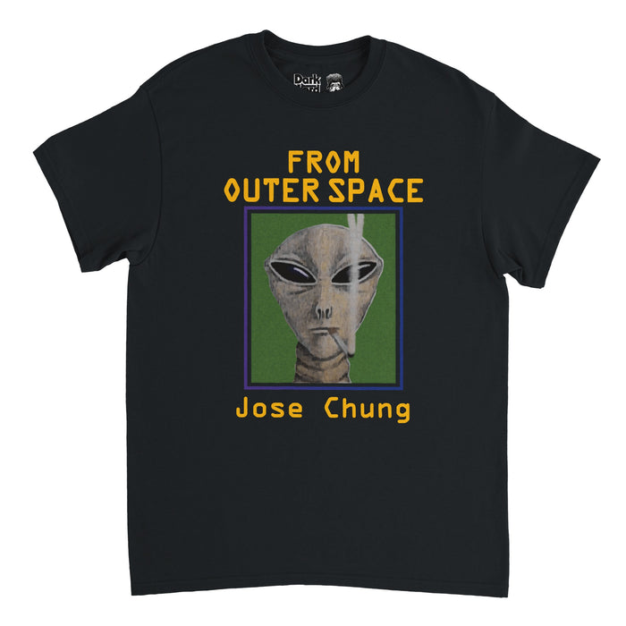 A retro, 70s style black colored short sleeved t-shirt that says "FROM OUTER SPACE" in yellow letters and "Jose Chung" with a blue/purple outlined rectangular green image of an alien with a cigarette. References the episode "Jose Chung's From Outer Space" from Season 3 of the iconic science fiction television series The X-Files and the book with the same title shown in that episode, a parody of Communion by Whitney Strieber.