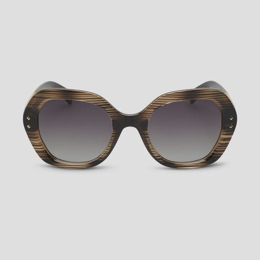 Locello Kamilla women’s polarised sunglasses grey geo stripe round frame
