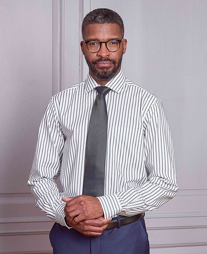Men's Khaki White Stripe Cotton Classic Fit Formal Shirt With Single Cuffs model image 1