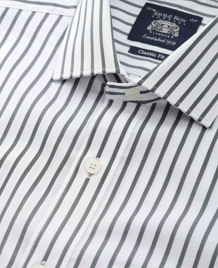 Men's Khaki White Stripe Cotton Classic Fit Formal Shirt With Single Cuffs collar detail