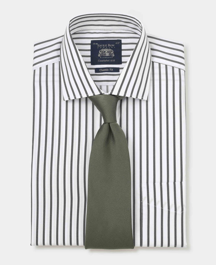 Men's Khaki White Stripe Cotton Classic Fit Formal Shirt With Single Cuffs folded with tie