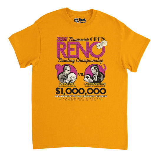 A vintage yellow colored t-shirt that says "1996 Brunswick Open Reno Bowling Championship, Munson vs. McCracken,, $1,000,000 Grand Prize to the Crowned 'Kingpin', Event televised live on ESPN Saturday, July 26, 1996" with image of Munson (Woody Harrelson) next to a pink bowling ball, saying "1979 Iowa State Champion", and McCracken (Bill Murrya) in black and white on a pink background with a pink horseshoe, and says "Reigning national champion". References the 1996 comedy movie Kingpin.