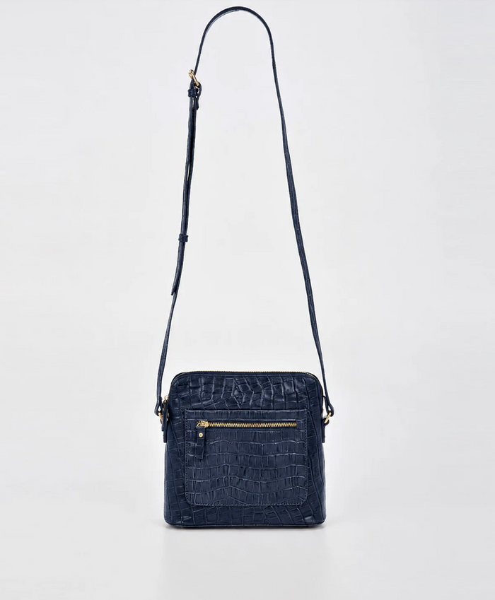 Cobb & Co Kingsley Small Leather Shoulder Bag in Navy Croc | Women's Handbags | Gretel Lane