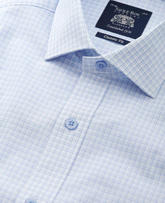 Men's Light Blue Cotton Check Classic Fit Formal Shirt With Short Sleeves collar detail