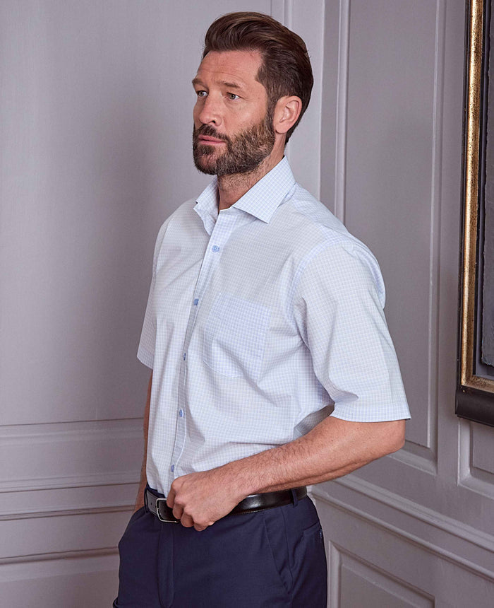 Men's Light Blue Cotton Check Classic Fit Formal Shirt With Short Sleeves model image