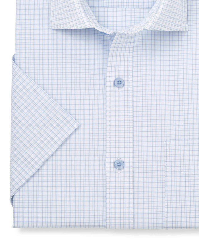 Men's Light Blue Cotton Check Classic Fit Formal Shirt With Short Sleeves sleeve detail