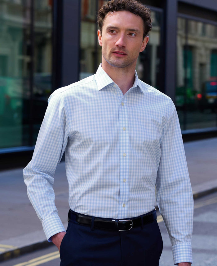 Light Blue Cotton Poplin Gingham Check Classic Fit Non-Iron Shirt - Single Cuff