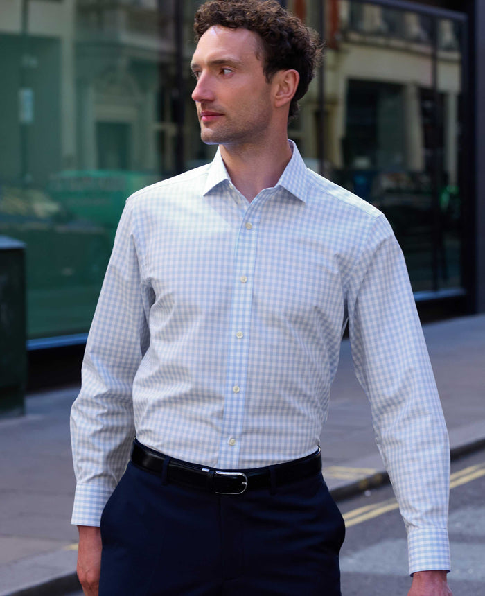Light Blue Cotton Poplin Gingham Check Classic Fit Non-Iron Shirt - Single Cuff