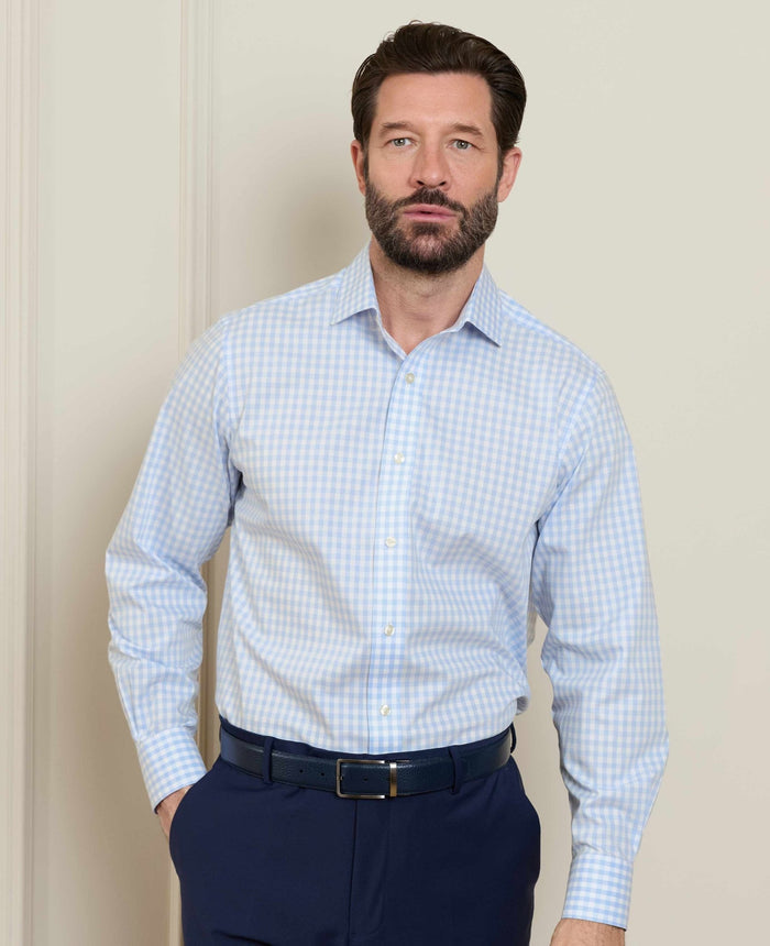 Men's Light Blue Cotton Poplin Gingham Check Classic Fit Non-Iron Shirt With Single Cuffs model shot