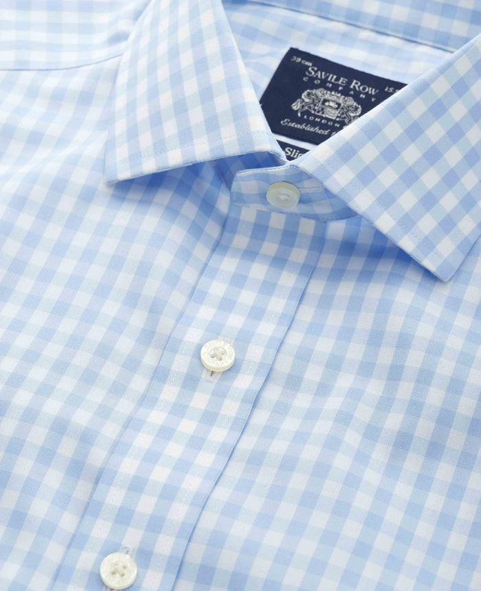 Men's Light Blue Cotton Poplin Gingham Check Slim Fit Non-Iron Shirt With Single Cuffs collar detail