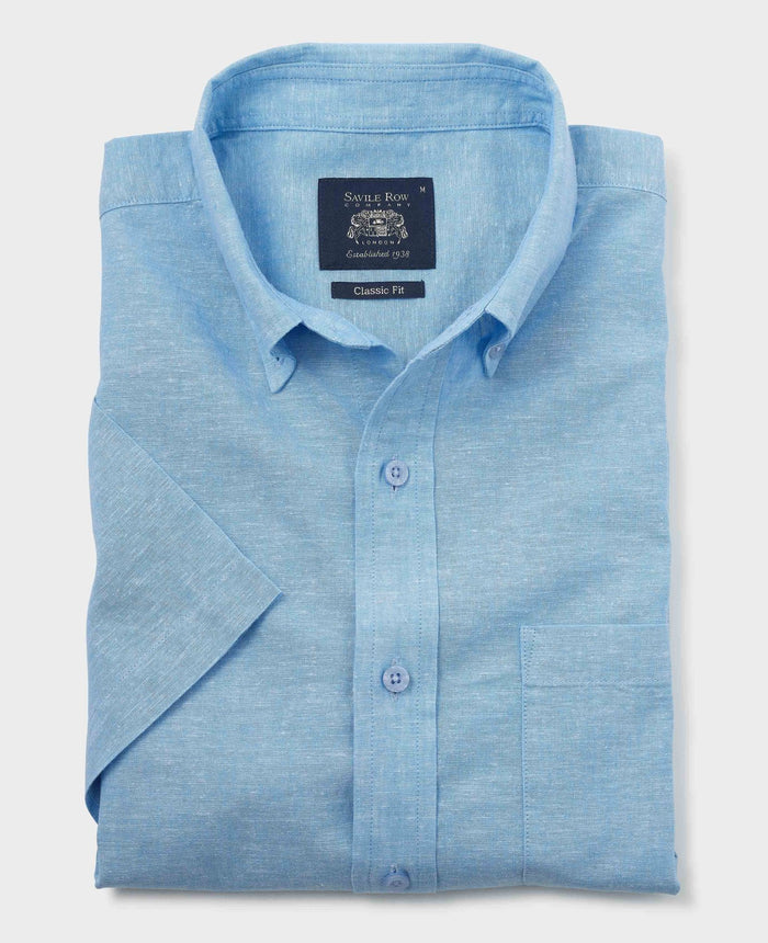 Men's Light Blue Linen Cotton Classic Fit Button-Down Short Sleeve Casual Shirt folded shot