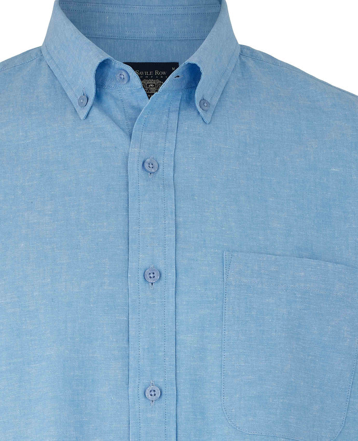 Men's Light Blue Linen Cotton Classic Fit Button-Down Short Sleeve Casual Shirt collar detail