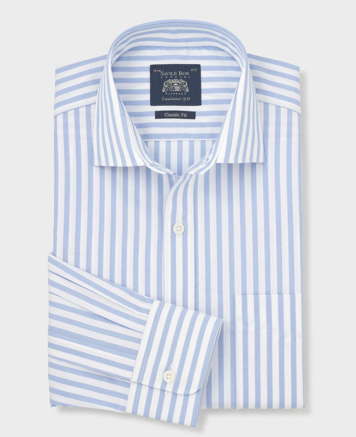 Men's Light Blue Stripe Cotton Poplin Classic Fit Formal Shirt With Single Cuffs                         folded shot