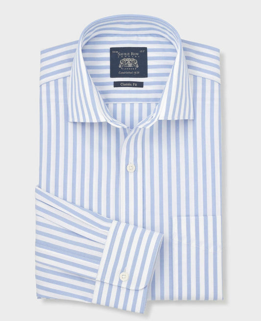 Men's Light Blue Stripe Cotton Poplin Classic Fit Formal Shirt With Single Cuffs                         folded shot