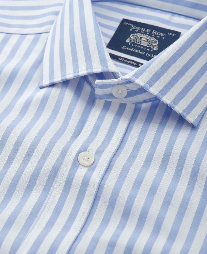 Men's Light Blue Stripe Cotton Poplin Classic Fit Formal Shirt With Single Cuffs collar detail