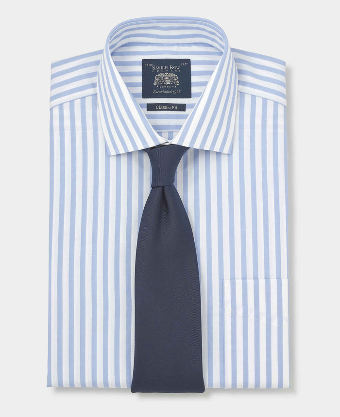Men's Light Blue Stripe Cotton Poplin Classic Fit Formal Shirt With Single Cuffs folded with tie