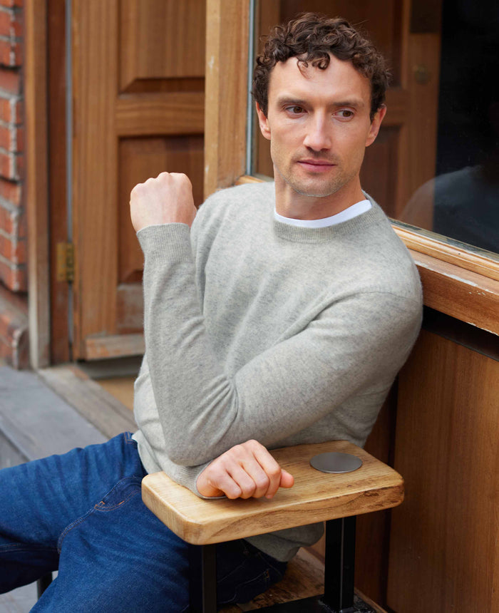 Men's Light Grey Merino Wool Cashmere Crew Neck Jumper model shot