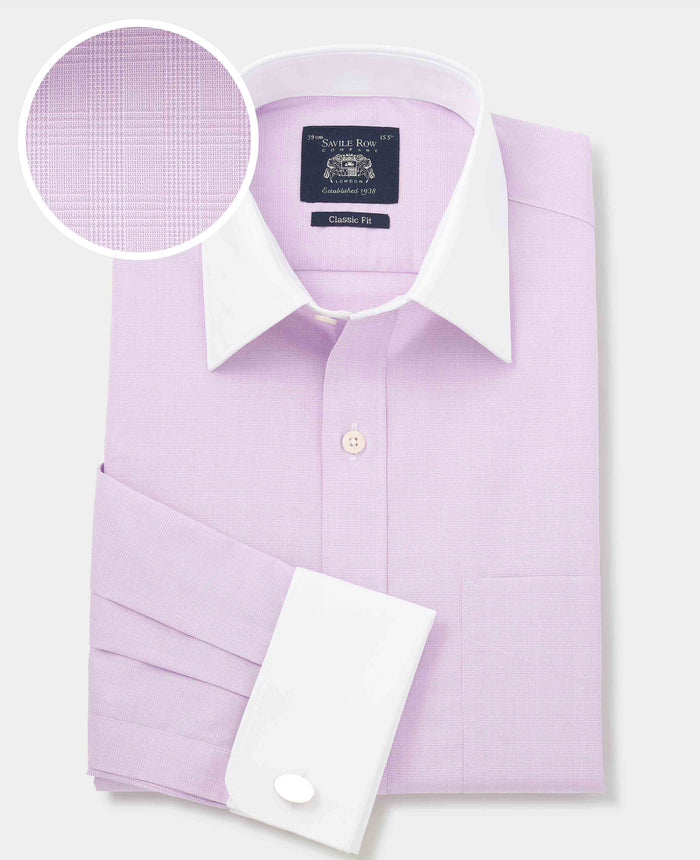 Men's Lilac Cotton Fine Check Classic Fit Winchester Formal Shirt With Double Cuffs with fabric swatch