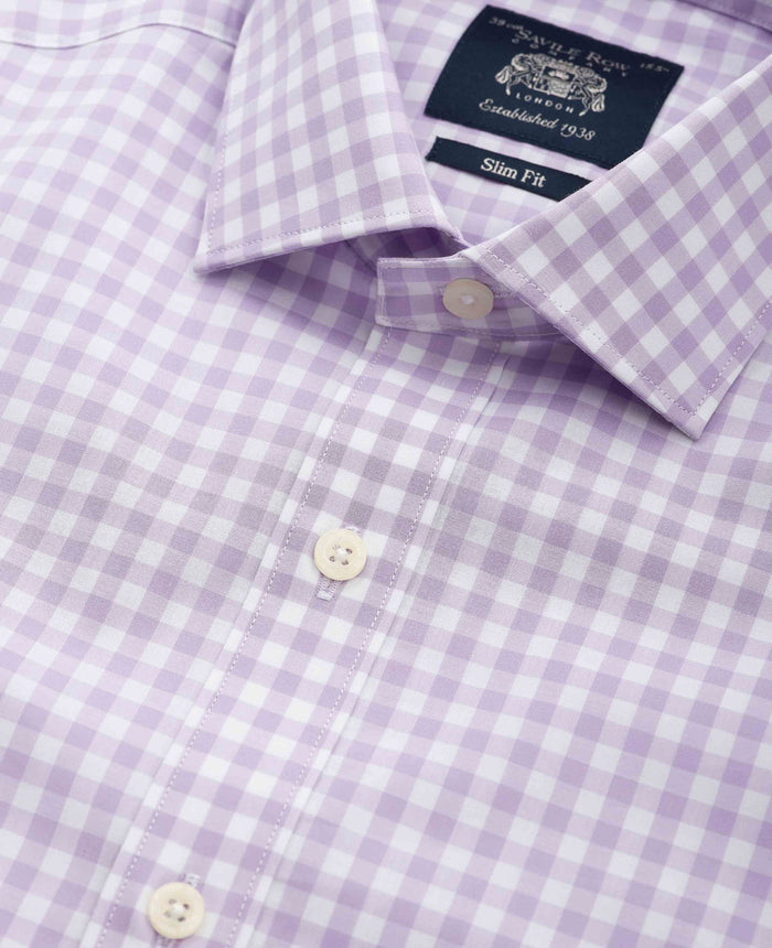 Men's Lilac Cotton Check Slim Fit Formal Shirt With Single Cuffs collar detail