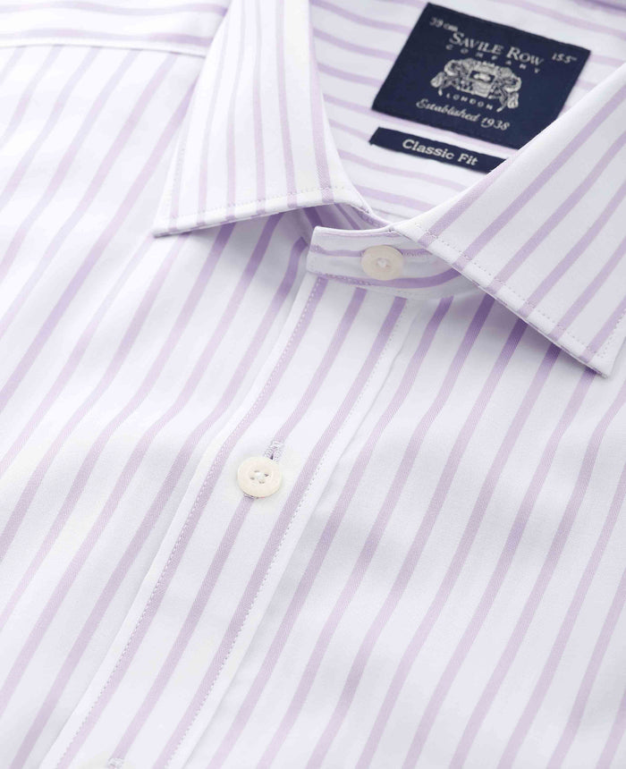 Men's Lilac Cotton Stripe Classic Fit Formal Shirt With Single Cuffs collar detail