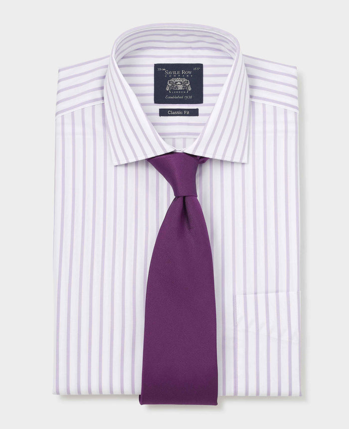Men's Lilac Cotton Stripe Classic Fit Formal Shirt With Single Cuffs folded with tie