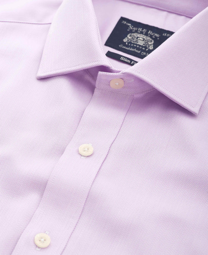 Men's Lilac Herringbone Cotton Slim Fit Formal Shirt With Double Cuffs collar detail