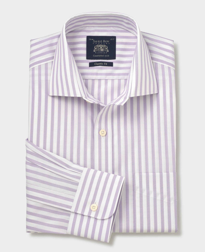 Men's Lilac White Stripe Cotton Poplin Classic Fit Formal Shirt With Single Cuffs folded shot
