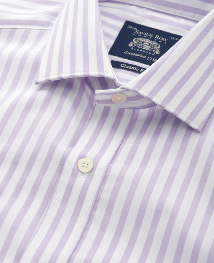 Men's Lilac White Stripe Cotton Poplin Classic Fit Formal Shirt With Single Cuffs collar detail