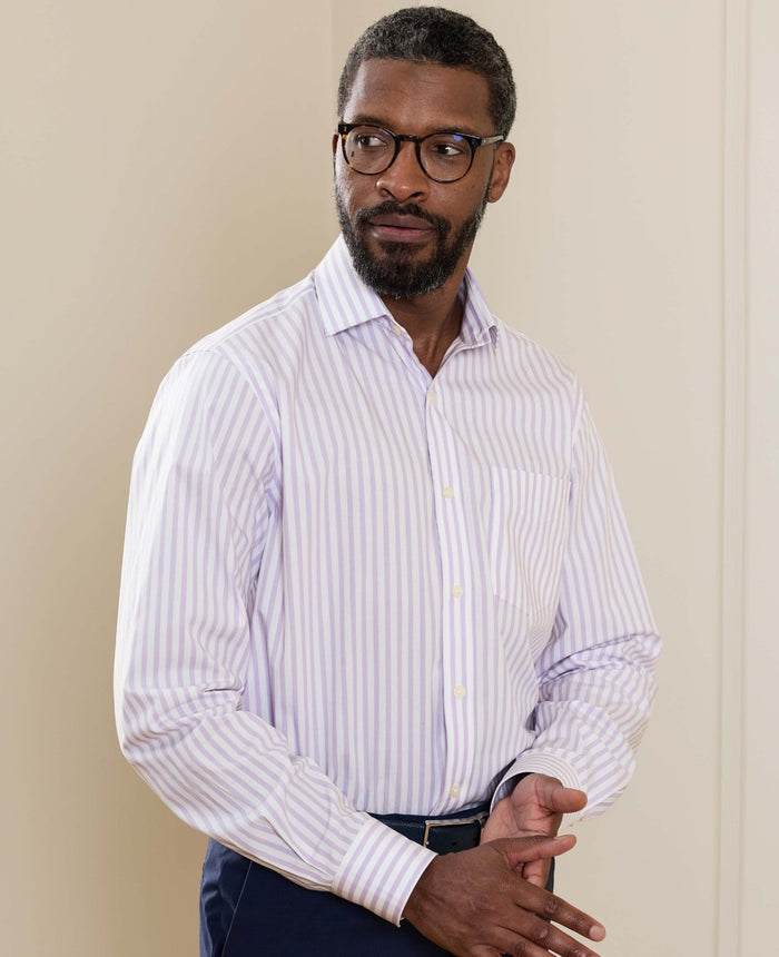 Men's Lilac White Stripe Cotton Poplin Classic Fit Formal Shirt With Single Cuffs model shot