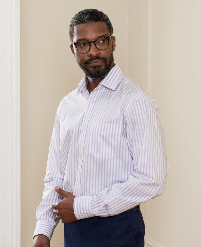 Men's Lilac White Stripe Cotton Poplin Classic Fit Formal Shirt With Single Cuffs model shot