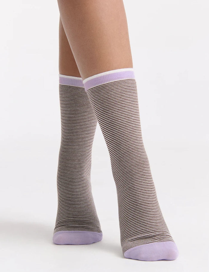 Levante Lina Fine Stripe Cotton Crew Sock in Espresso | Women's Socks | Gretel Lane