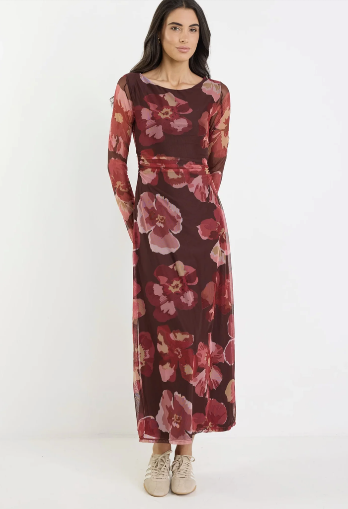 Among the Brave Location Mesh Boatneck Maxi Dress in Chocolate/Red Floral | Women's Dresses | Gretel Lane