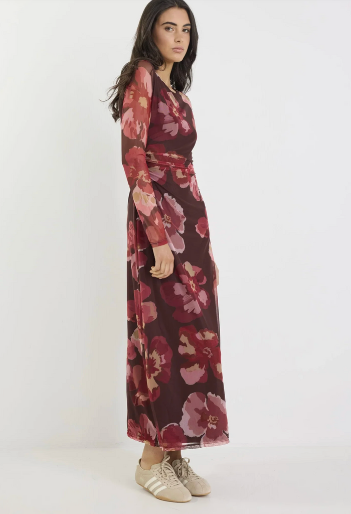 Among the Brave Location Mesh Boatneck Maxi Dress in Chocolate/Red Floral | Women's Dresses | Gretel Lane