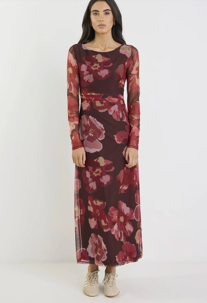 Among the Brave Location Mesh Boatneck Maxi Dress in Chocolate/Red Floral | Women's Dresses | Gretel Lane