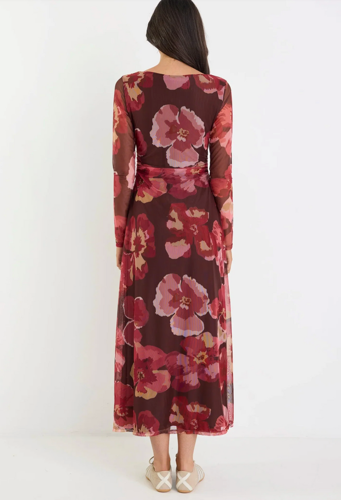 Among the Brave Location Mesh Boatneck Maxi Dress in Chocolate/Red Floral | Women's Dresses | Gretel Lane