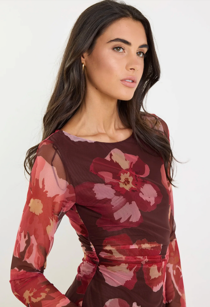 Among the Brave Location Mesh Boatneck Maxi Dress in Chocolate/Red Floral | Women's Dresses | Gretel Lane