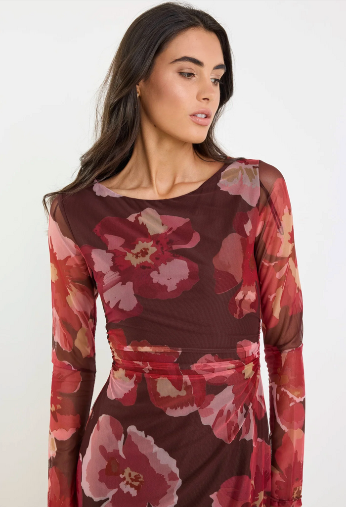 Among the Brave Location Mesh Boatneck Maxi Dress in Chocolate/Red Floral | Women's Dresses | Gretel Lane